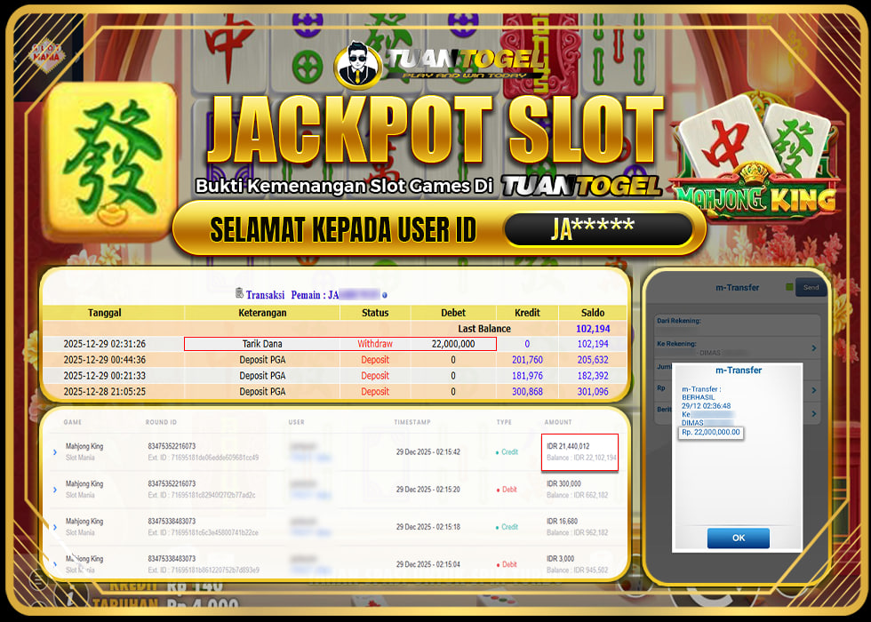 TUANTOGEL JACKPOT SLOT MAHJONG KIND Rp22.000.000,- LUNAS