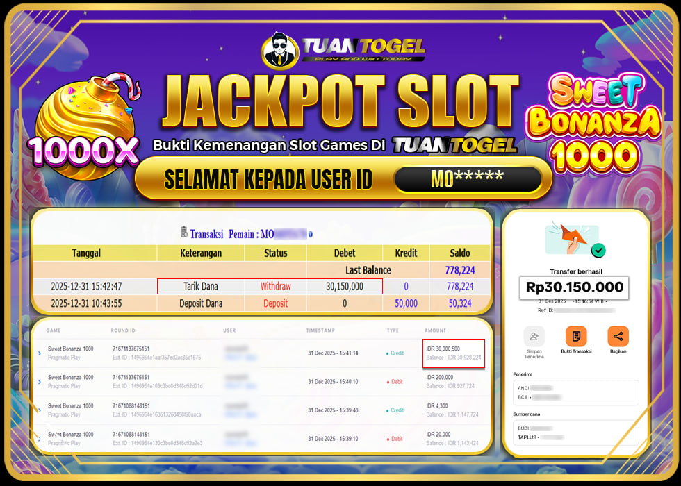 TUANTOGEL JACKPOT SLOT SWEET BONANZA 1000 Rp30.150.000, - LUNAS 