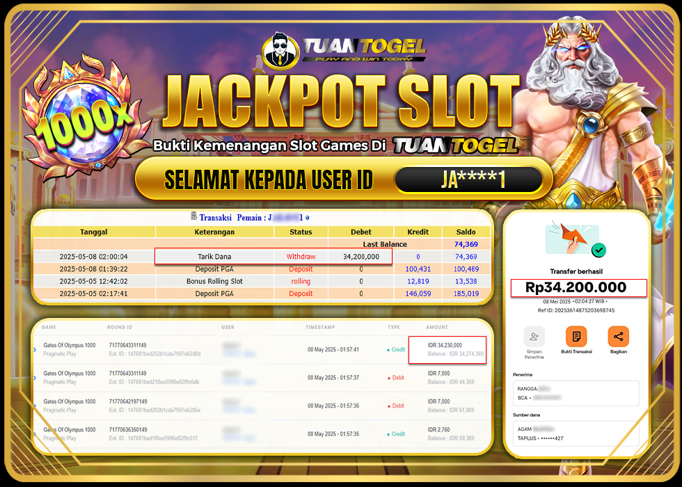 TUANTOGEL JACKPOT SLOT GATES OF OLYMPUS 1000 Rp34.200.000 - LUNAS